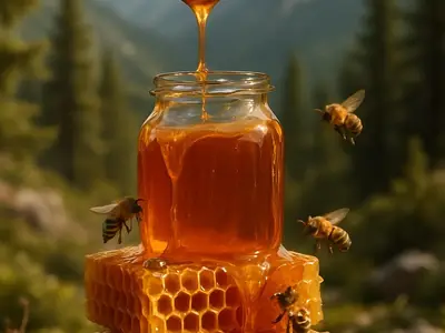 Honey jar and dipper on honeycomb with bees