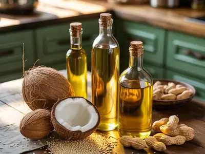 Cooking oils in glass bottles with coconut, peanuts, and sesame seeds