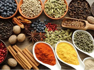 Variety of whole and ground spices and condiments