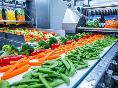 Automated vegetable processing line with fresh-cut produce on conveyor