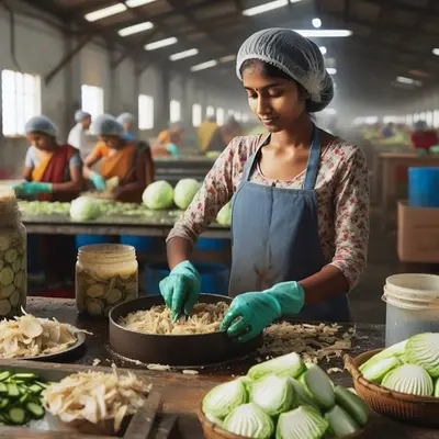 Workers making pickled vegetables